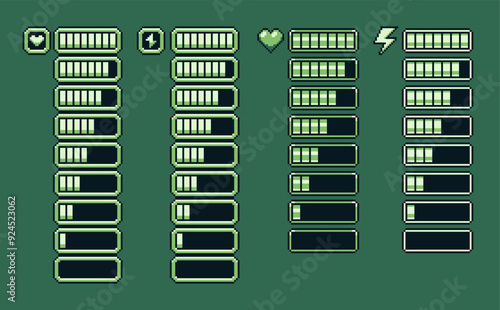 Life bar pixel art, health, stamina, power, energy, mana level, set of 8-bit elements, achievement, money reserve vector illustrations, retro, 8-bit style, video game assets.
