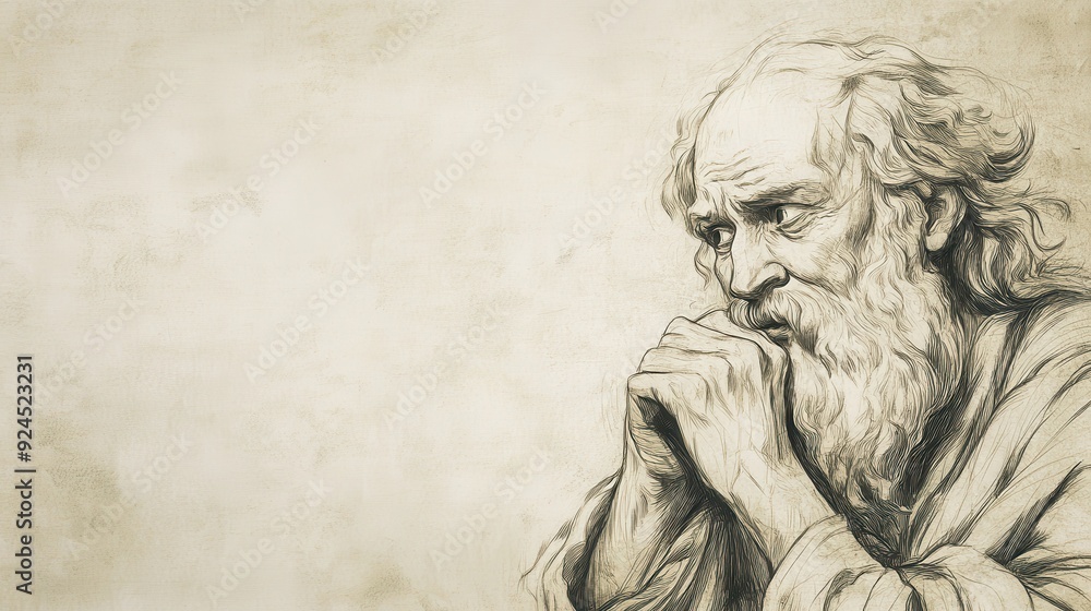 Fototapeta premium Faith-Inspired Biblical Illustration: The Lord Calls Samuel, Samuel Wakes Up at Night to the Lord's Call, Looking Around Confused, Beige Background, Christian Artwork, Calling Scene