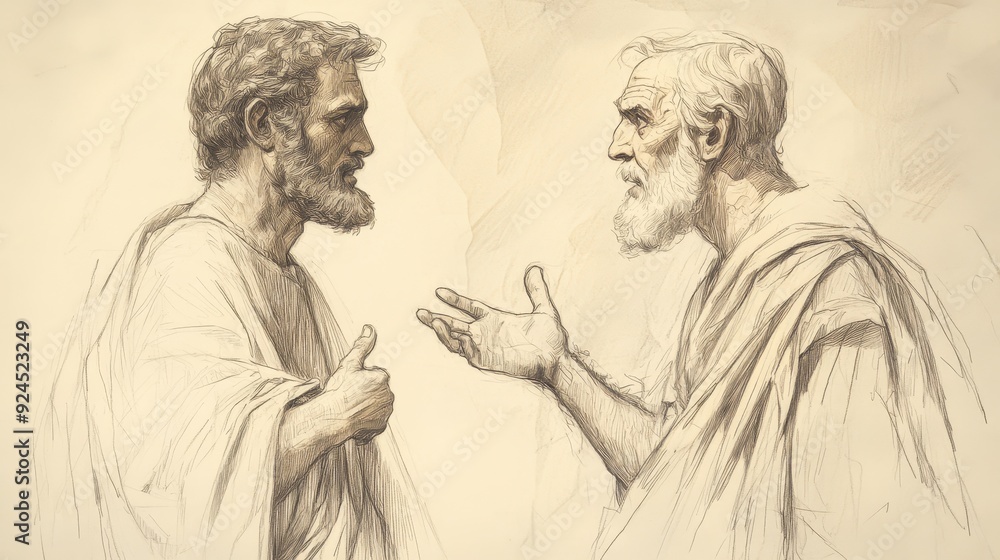 Fototapeta premium 1 Samuel Illustration: Jonathan Persuades Saul to Spare David, Biblical Wall Art for Faith-Inspired Homes, Beige Tones