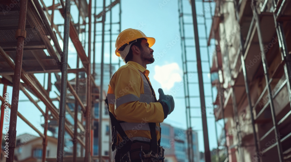 General contractor wearing a hard hat and checking plans at a construction site General contractor wearing a hard hat and checking plans at a construction site