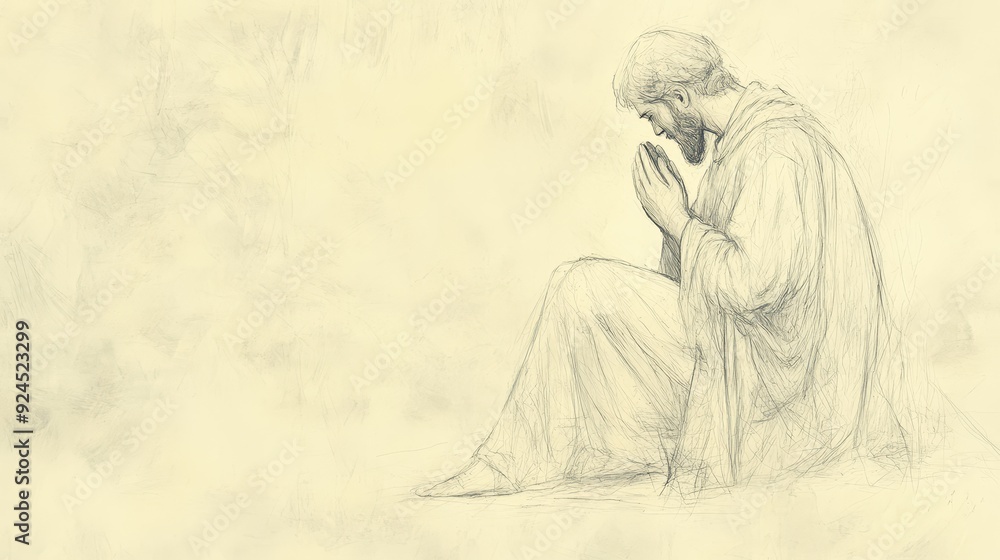 Fototapeta premium Faith-Inspired Biblical Illustration: Hannah's Prayer and Samuel's Service, Samuel's Earnest Prayer Before the Lord, Beige Background, Christian Artwork, Devotion Scene