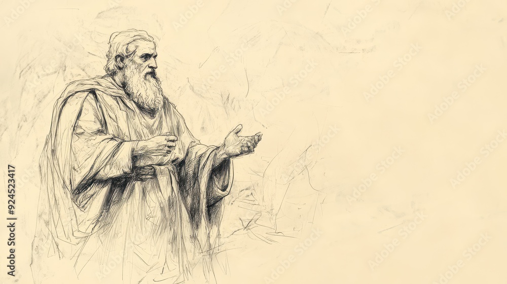 Fototapeta premium Faith-Inspired Biblical Illustration: Saul Chosen as King, Lord Reveals to Samuel Saul Is Chosen One for Israel, Beige Background, Christian Artwork, Revelation Scene