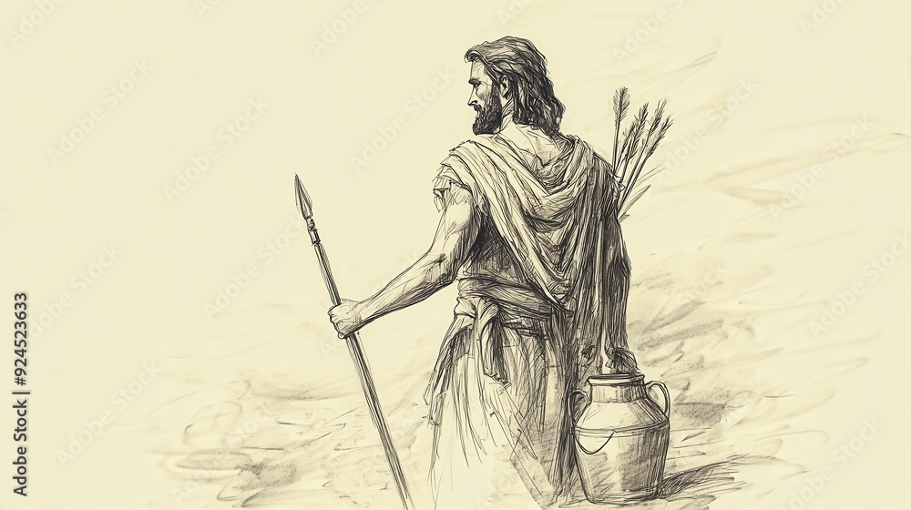 1 Samuel: David Takes Saul’s Spear and Water Jug, Leaving the Camp as Proof of His Mercy, Biblical Art with Beige Background 1 Samuel: David Takes Saul’s Spear and Water Jug, Leaving the Camp as Proof of His Mercy, Biblical Art with Beige Background