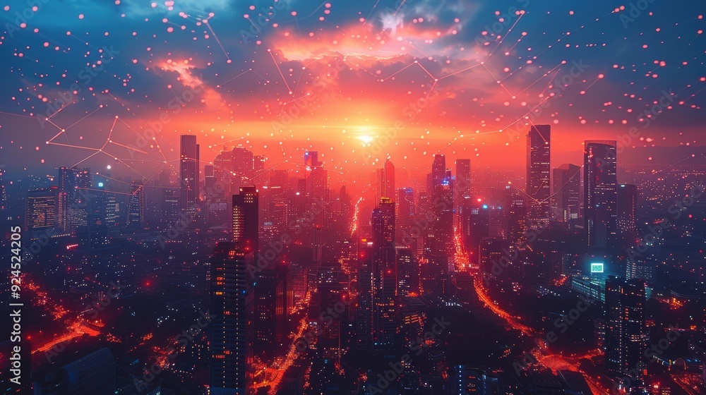 Fototapeta premium A futuristic city skyline with glowing lines connecting buildings, symbolizing urban connectivity and business. 