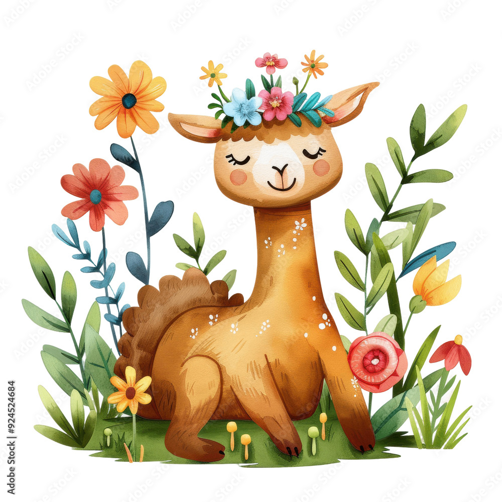 Fototapeta premium Charming Baby Alpaca with Flower Crown in a Colorful Meadow, Cartoon Watercolor Style