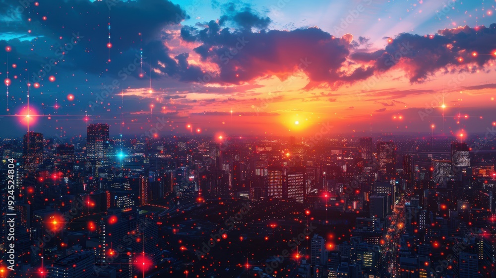 Fototapeta premium A futuristic city skyline with glowing lines connecting buildings, symbolizing urban connectivity and business. 