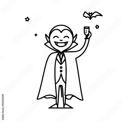 stylized single line vector simple drawing, black lines on a white background, smiling Dracula with a glass and a bat