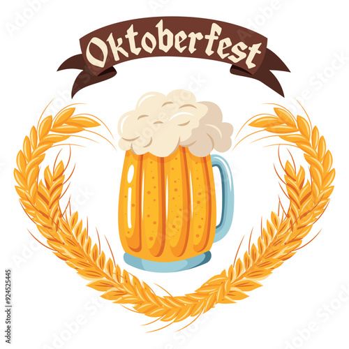 A beer mug with a wheat heart around it and the words Oktobersfest above it.