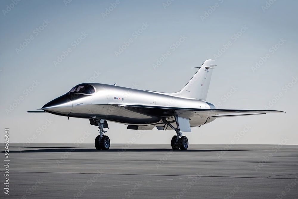 Pristine Silver Supersonic Jet Landing Against a Sleek Background of Innovation and Speed Pristine Silver Supersonic Jet Landing Against a Sleek Background of Innovation and Speed