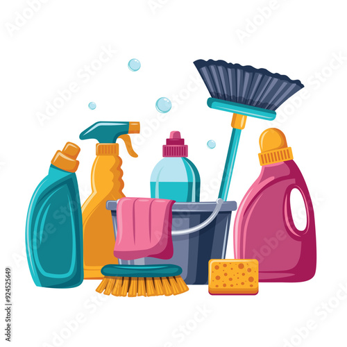 A colorful assortment of cleaning supplies including a bucket, brush and cleaning solution bottles. Organization and cleanliness concept