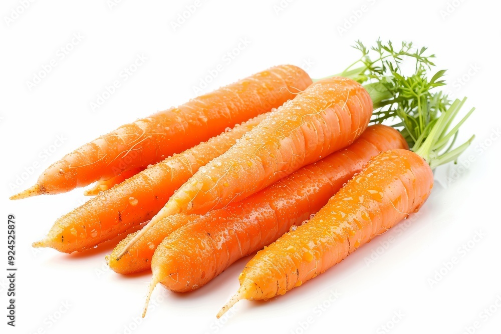 A bunch of fresh, wet carrots with green tops, ready for cooking or snacking. A bunch of fresh, wet carrots with green tops, ready for cooking or snacking.
