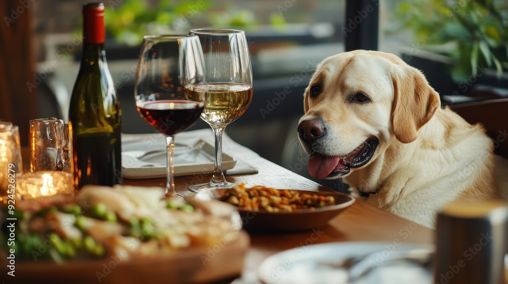 Labrador Retriever Sitting At A Dinner Table With Wine Glasses. Labrador Retriever Sitting At A Dinner Table With Wine Glasses.
