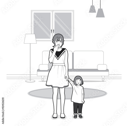 illustration of Mother and child hold hands in the living room.