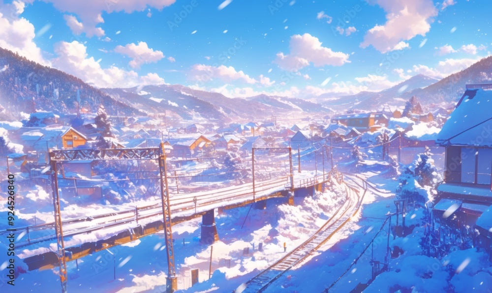 Fototapeta premium Enchanting Winter Wonderland: Aerial View of Snowy Overpass in Dreamy Anime Style. Whimsical Cartoon Landscape with Falling Snowflakes, Roads, and Bridges for Creative Marketing, Book Covers, and Game