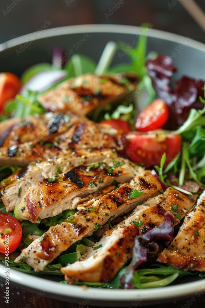A healthy lunch option featuring grilled chicken, fresh tomatoes, and crisp lettuce in a bowl A healthy lunch option featuring grilled chicken, fresh tomatoes, and crisp lettuce in a bowl