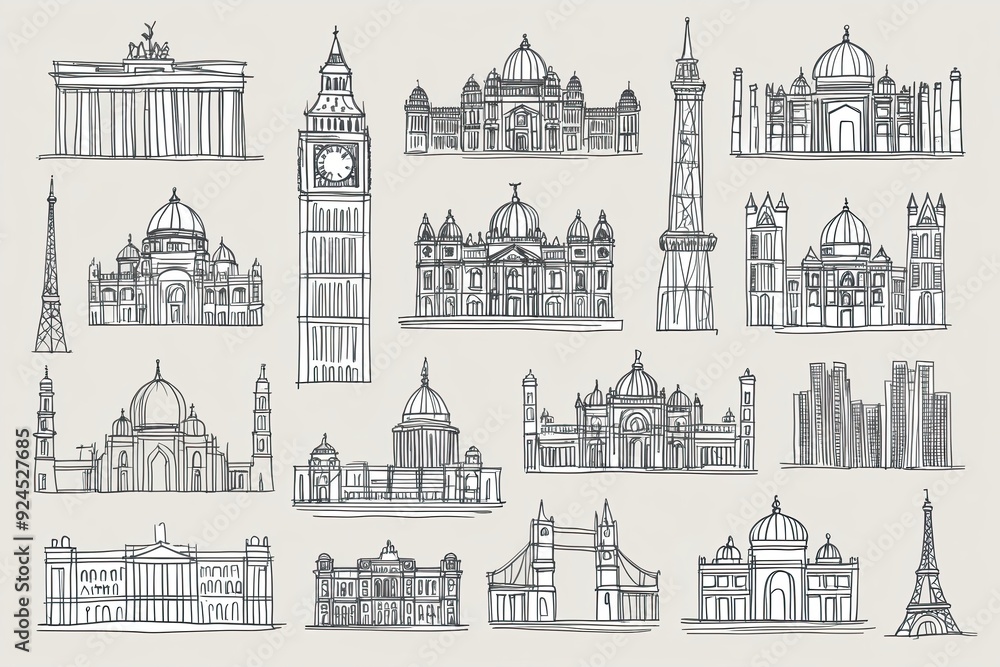 Fototapeta premium Delicate Line Drawings of Famous Landmarks on Light Backgrounds Showcasing Travel Stories