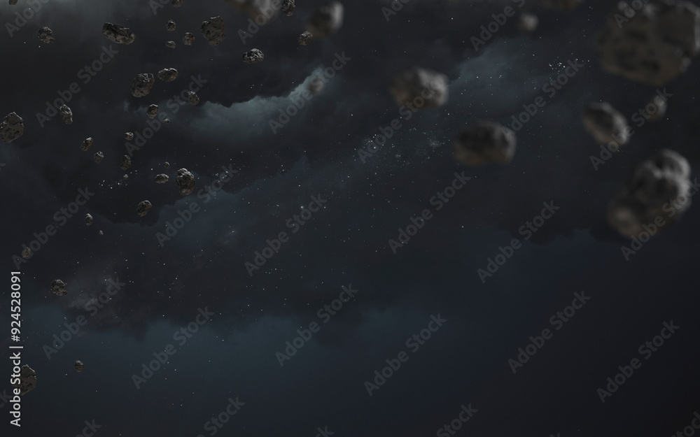 3D illustration of asteroid field. High quality digital space sci-fi art in 5K - realistic visualization