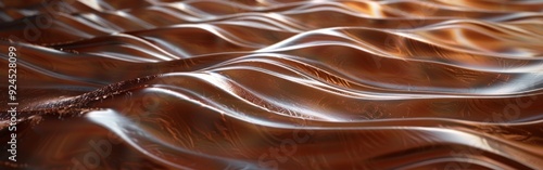 A detailed view of a wooden frame with wavy chocolate-colored water flowing smoothly