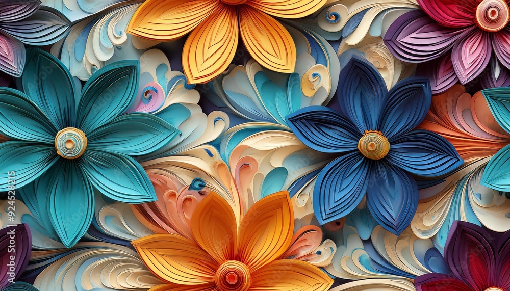 seamless pattern featuring a 3D illustration of colorful flowers , resembling a paper quill pattern seamless pattern featuring a 3D illustration of colorful flowers , resembling a paper quill pattern