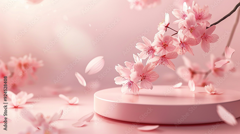 A Round Podium with a Branch of Sakura Cherry Blossoms A Round Podium with a Branch of Sakura Cherry Blossoms