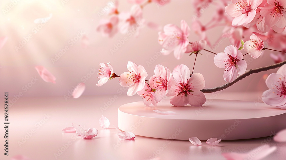 A Round Podium with a Branch of Sakura Cherry Blossoms A Round Podium with a Branch of Sakura Cherry Blossoms