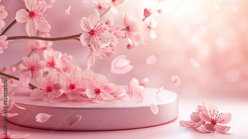 A Round Podium with a Branch of Sakura Cherry Blossoms A Round Podium with a Branch of Sakura Cherry Blossoms