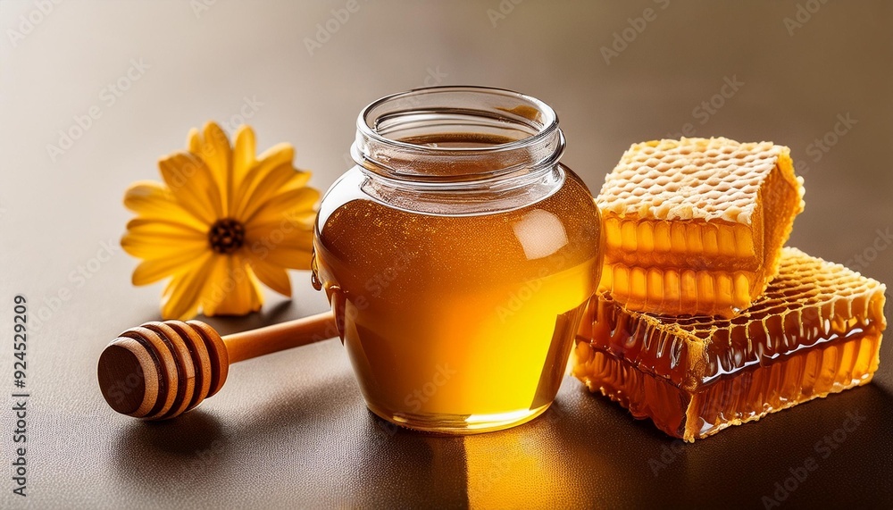 Organic Honey in Glass Jar with Honey Dipper and Honeycombs: Natural Food Setting Organic Honey in Glass Jar with Honey Dipper and Honeycombs: Natural Food Setting