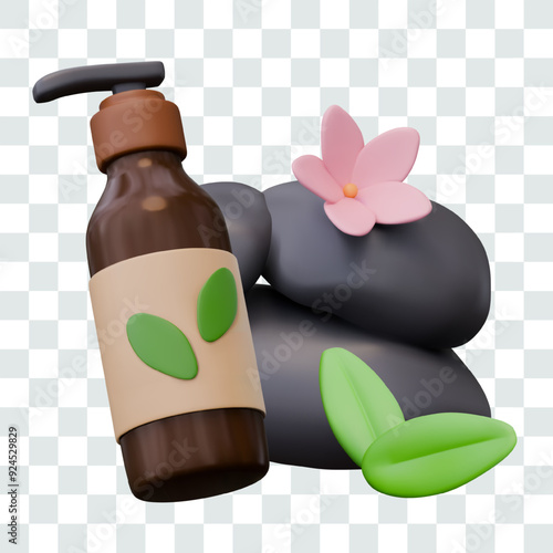 Bottle with dispenser for liquid cosmetics. Black stones for hot massage and therapy, leaves, flower