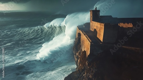 A photo of the Forte de São Miguel Arcanjo perched on top of a cliff in Nazaré, Portugal, during a storm with towering waves.