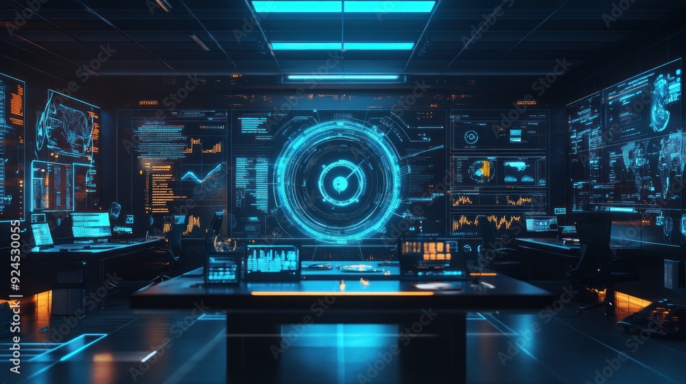 Futuristic Control Room with Glowing Interfaces Futuristic Control Room with Glowing Interfaces