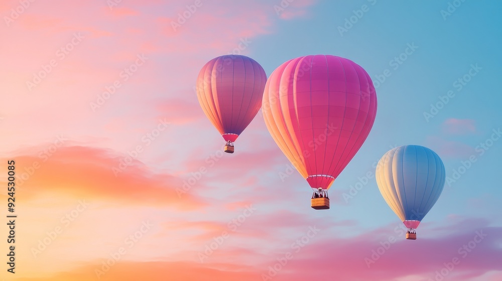 Fototapeta premium Hot air balloons, pastel hues, serene sky, peaceful sunrise, gentle clouds, floating adventure, calm atmosphere