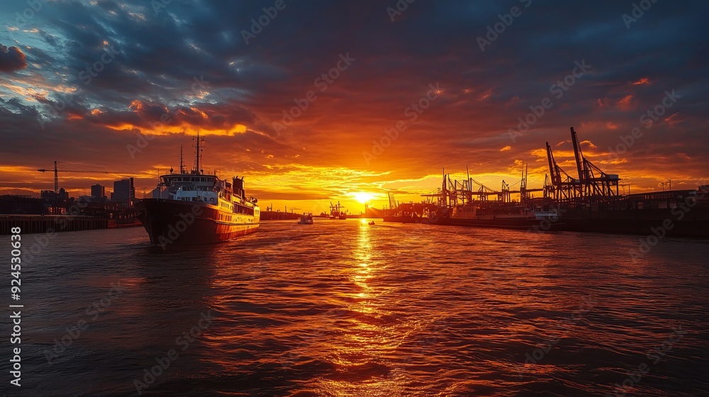A sunset over the harbor in Hamburg, casting a warm glow across the water. A sunset over the harbor in Hamburg, casting a warm glow across the water.