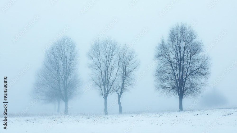 Trees shrouded in a misty haze on a gloomy winter day in Pasterka village, Poland. Trees shrouded in a misty haze on a gloomy winter day in Pasterka village, Poland.