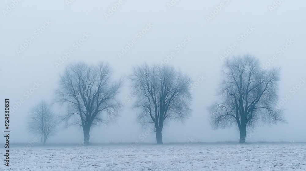 Fototapeta premium Trees shrouded in a misty haze on a gloomy winter day in Pasterka village, Poland.