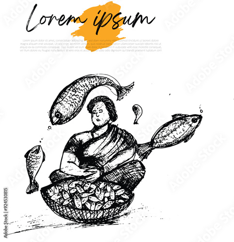 illustration of a women selling fish in fish market, Mangalore fish market photo