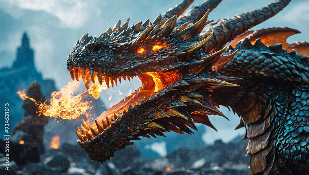 Obraz premium Enter a world where fire-breathing dragons and AI collide, merging metal and magic in epic fantasy