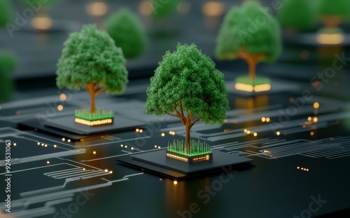 Digital trees growing on cubes with circuit patterns, symbolizing nature and technology fusion
