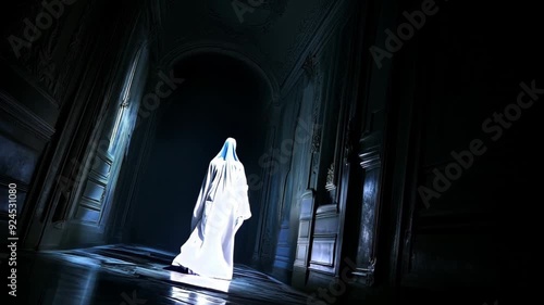 A ghostly figure draped in white garb stands in a dimly lit corridor, with faint light casting eerie shadows, creating a hauntingly mysterious atmosphere.
