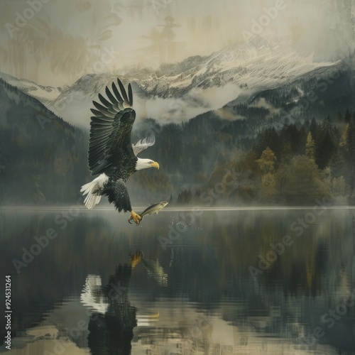 An eagle in flight catching fish from a lake photo