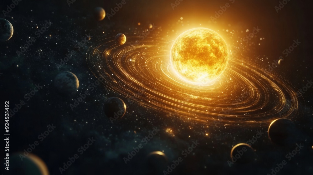Naklejka premium Solar system with planets and moons orbiting the sun, fantasy space background with swirling cosmic patterns.