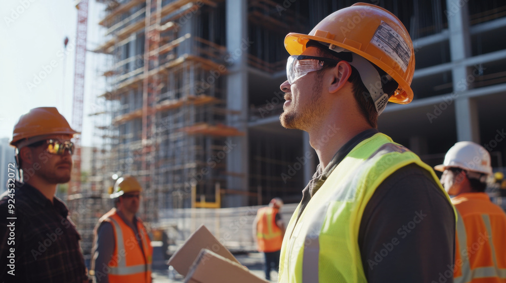 Site manager in a safety helmet, reviewing safety protocols with a team of construction Site manager in a safety helmet, reviewing safety protocols with a team of construction