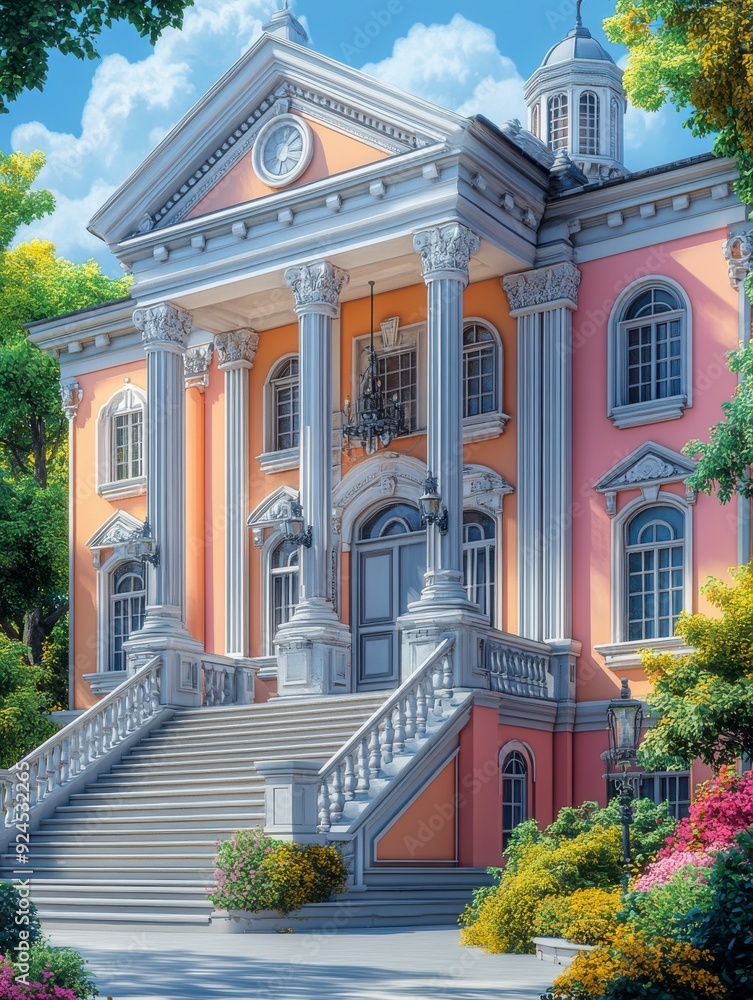 Fototapeta premium 3D rendering, cartoon style, cute, pastel color tone, isolated white background, about buildings, houses, shops, service shops, government offices such as garages, schools, commercial buildings.