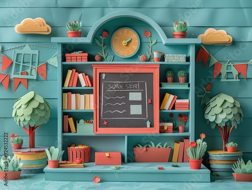 A papercut design featuring a traditional chalkboard in a classroom setting, with colorful paper cutouts of educational materials. photo