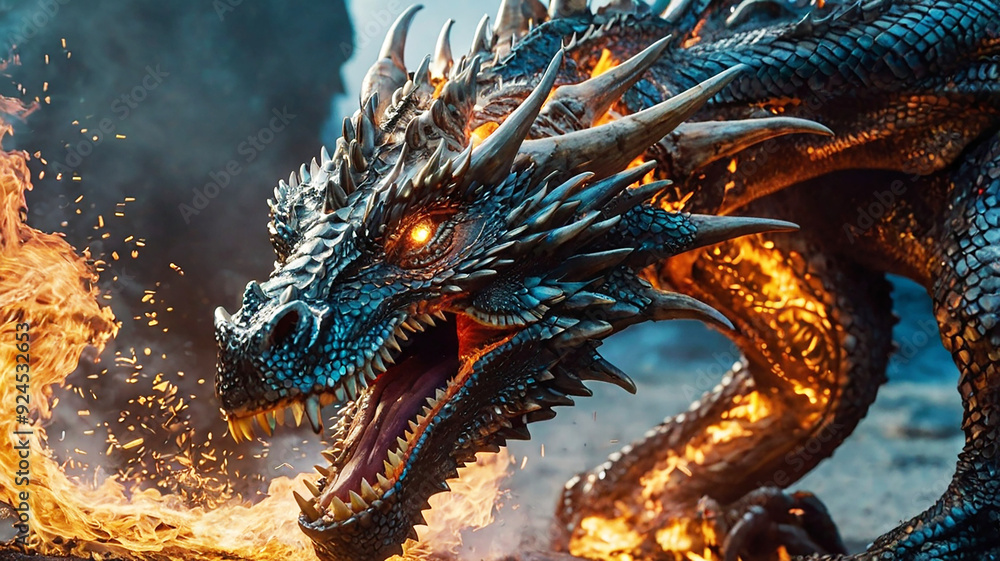 Obraz premium Enter a world where fire-breathing dragons and AI collide, merging metal and magic in epic fantasy