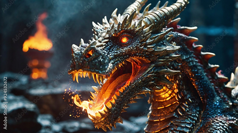 Obraz premium Enter a world where fire-breathing dragons and AI collide, merging metal and magic in epic fantasy