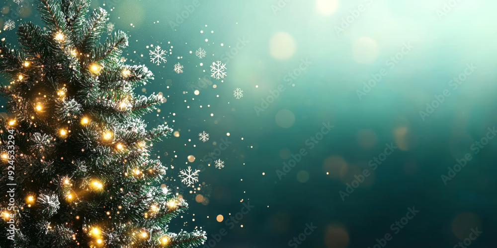 Christmas tree with snowflakes and bokeh on green background Christmas tree with snowflakes and bokeh on green background