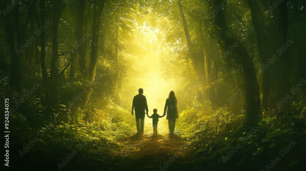Two parents and a child taking a leisurely walk through a green forest path Two parents and a child taking a leisurely walk through a green forest path