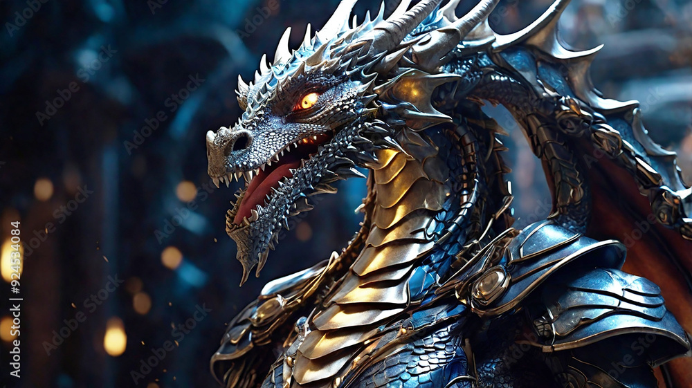 Fototapeta premium Enter a world where fire-breathing dragons and AI collide, merging metal and magic in epic fantasy
