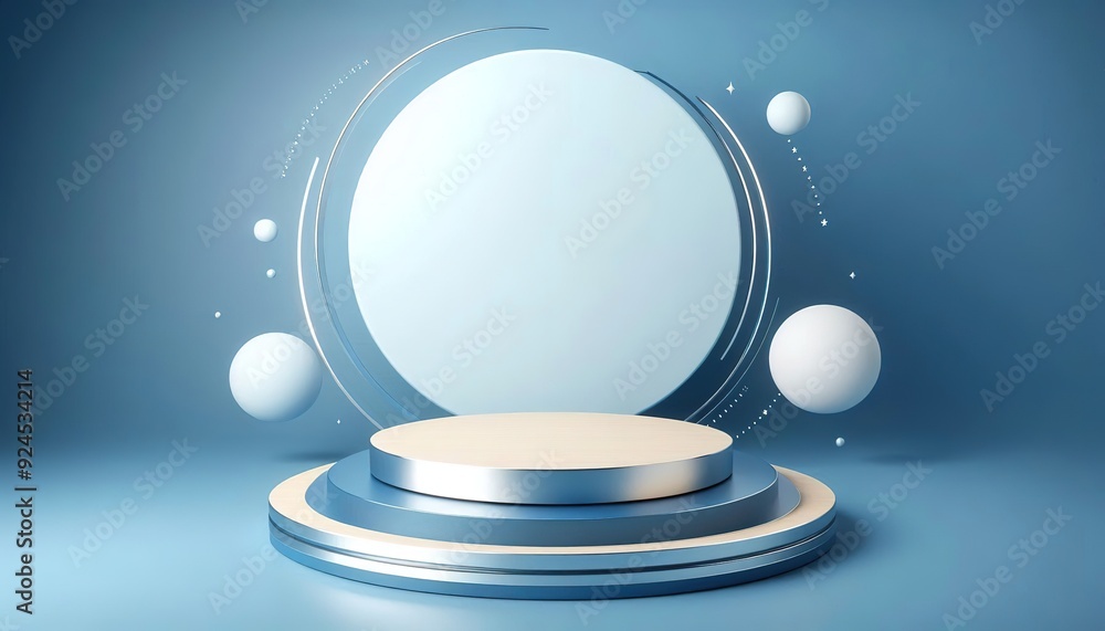 Minimalist 3D podium with blue and silver tones, perfect for product display and branding. Minimalist 3D podium with blue and silver tones, perfect for product display and branding.