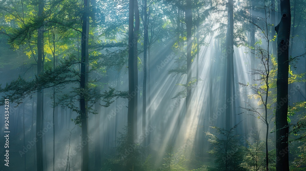 Fototapeta premium Soft beams of light break through the canopy, illuminating a tranquil forest landscape